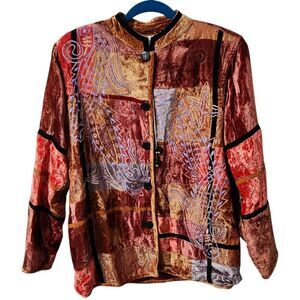 Brownstone Studio Brown Velvet Velour Patchwork Embroidered Blazer Jacket Sz. M